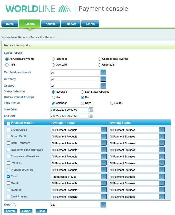 Payment Console Transaction Reports page with Cash payment method selected and PagoEfectivo (1525) chosen as the Payment Product